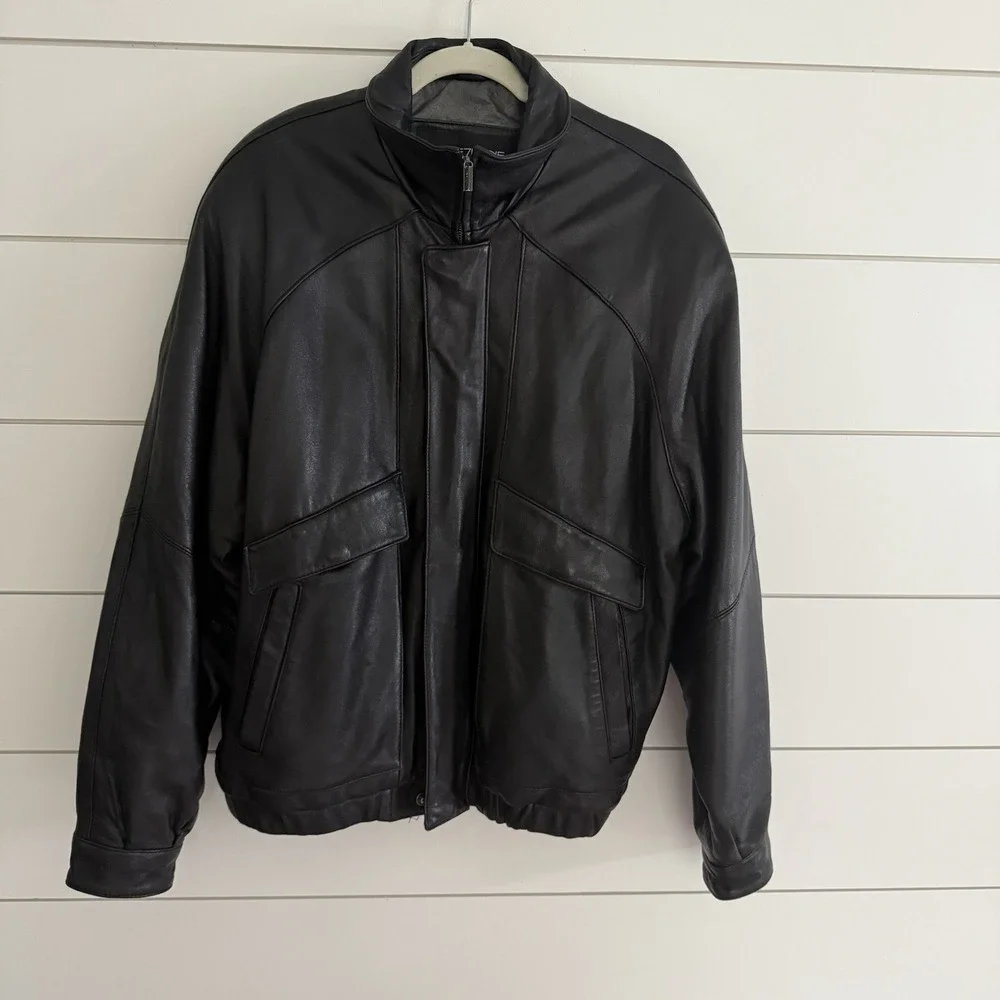 Vintage Collezione Black Leather Bomber Jacket Men's Size Large Full Zip EUC